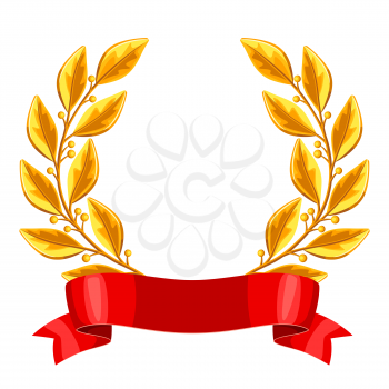 Realistic gold laurel wreath with red ribbon. Illustration of award for sports or corporate competitions.