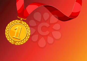 Realistic gold medal for first place. Background with place for text award for sports or corporate competitions.