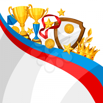 Realistic gold cup and other awards. Background with place for text for sports or corporate competitions.