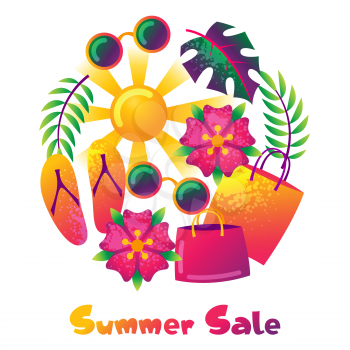 Summer sale background with colorful elements. Sun, palm leaves and shopping bags.