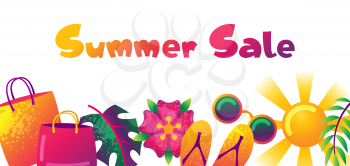 Summer sale banner with colorful elements. Sun, palm leaves and shopping bags.