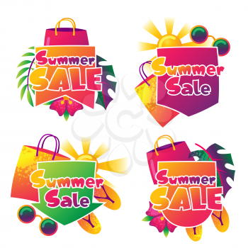 Summer sale labels with colorful elements. Sun, palm leaves and shopping bags.