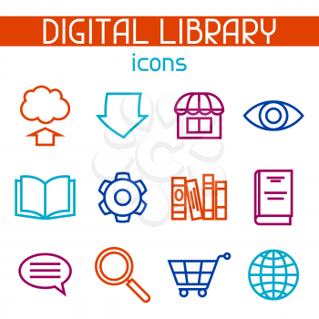 Digital library icon set. E-books, reading and downloading.
