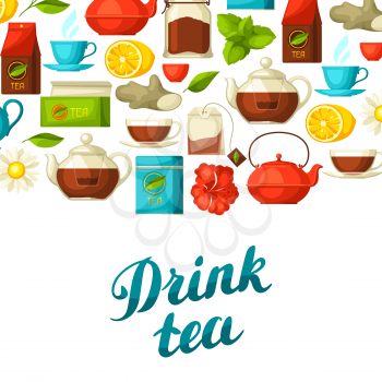 Background with tea and accessories, packs and kettles.