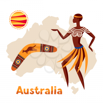 Illustration of Australia map with woman aboriginal and boomerang