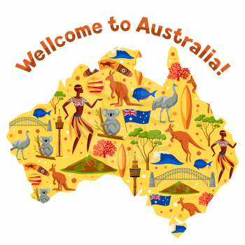Australia map design. Australian traditional symbols and objects.