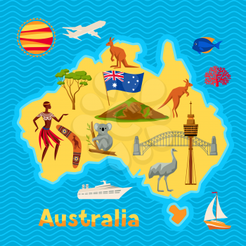 Australia map design. Australian traditional symbols and objects.
