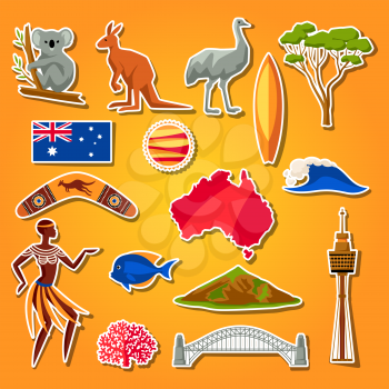 Australia icons set. Australian traditional sticker symbols and objects.