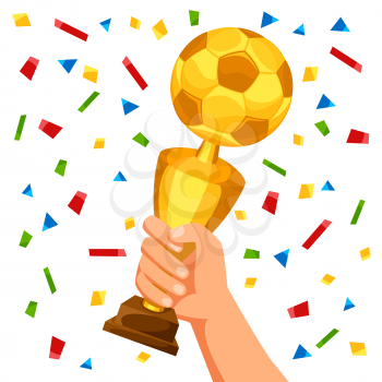 Illustration of soccer cup in hand on confetti background.