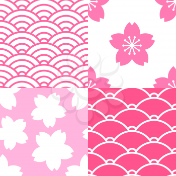 Set of seamless patterns with sakura and waves.