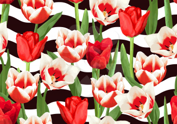Seamless pattern with red and white tulips. Beautiful realistic flowers, buds and leaves.