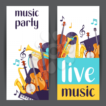 Jazz party live music banners with musical instruments.