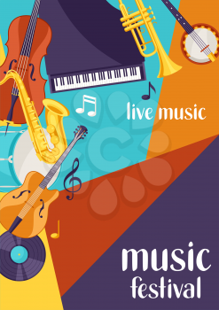 Jazz festival live music retro poster with musical instruments.