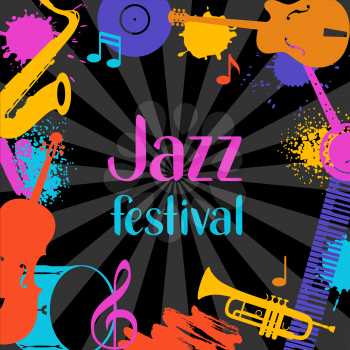 Jazz festival grunge background with musical instruments.
