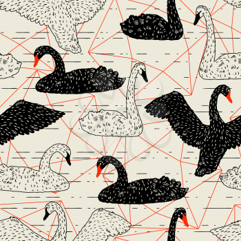 Seamless pattern with floating black and white swans. Hand drawn birds.