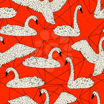 Seamless pattern with floating white swans. Hand drawn birds.