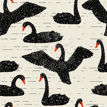 Seamless pattern with floating black swans. Hand drawn birds.