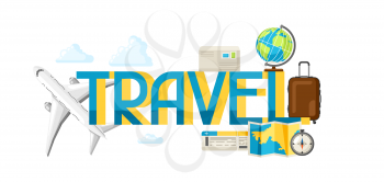 Travel concept illustration with tourist items and word.