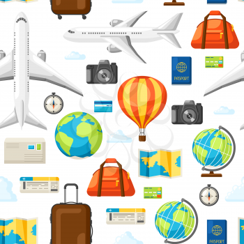 Travel seamless pattern. Traveling background with tourist items.