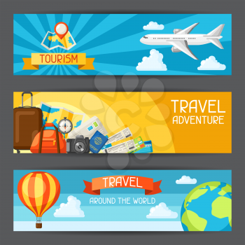 Travel banners. Traveling backgrounds with tourist items.
