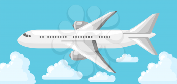 Illustration of airplane on blue sky and clouds.