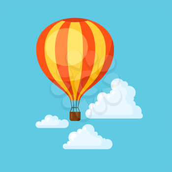 Travel illustration. Traveling background with hot air balloon and clouds.