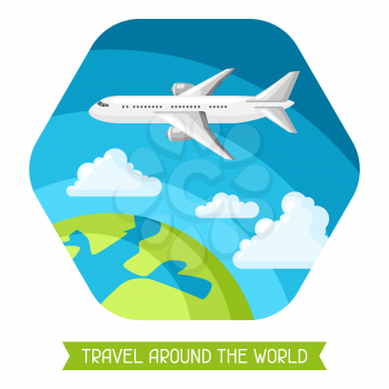 Travel illustration. Traveling background with airplane and earth.