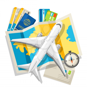 Travel concept illustration. Traveling background with tourist items. Top view.