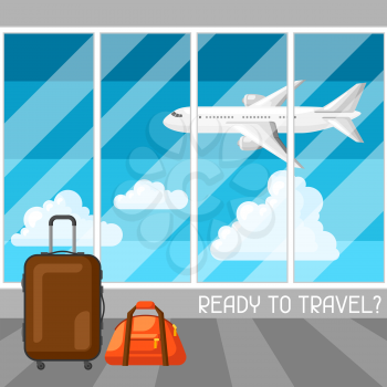 Travel concept illustration at the airport. Traveling background with airplane and suitcases.