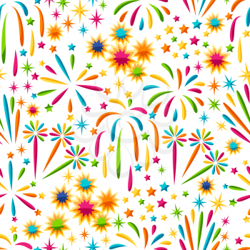 Seamless pattern with bright colorful fireworks and salute.