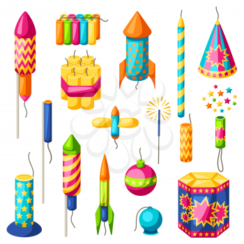 Set of colorful fireworks. Different types of pyrotechnics, salutes and firecrackers.