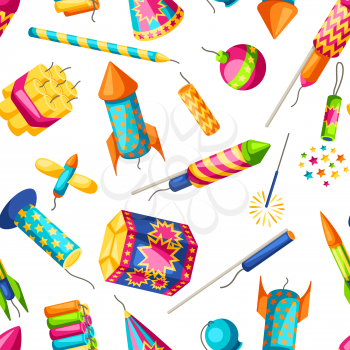 Seamless pattern with colorful fireworks. Different types of pyrotechnics, salutes and firecrackers.