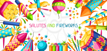 Banner with colorful fireworks. Different types of pyrotechnics, salutes and firecrackers.