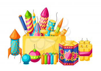 Background with colorful fireworks. Different types of pyrotechnics, salutes and firecrackers.