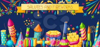 Banner with colorful fireworks. Different types of pyrotechnics, salutes and firecrackers.