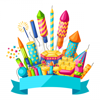 Background with colorful fireworks. Different types of pyrotechnics, salutes and firecrackers.