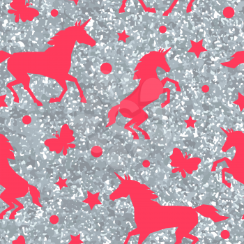 Seamless pattern with unicorns and silver glitter texture.