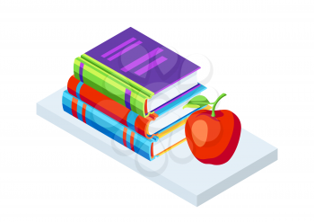 Isometric icon books with apple. Education or bookstore illustration in flat design style.