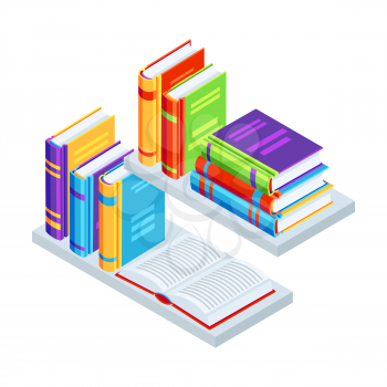 Isometric books on bookshelves. Education or bookstore illustration in flat design style.