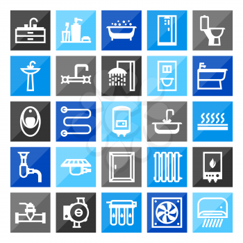 Plumbing icon set. Items for sanitary engineering shop. Sale, service and installation.