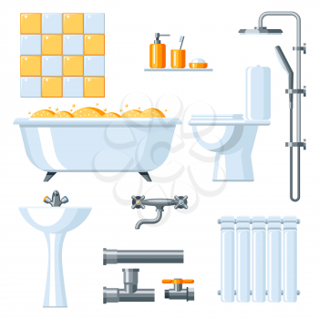 Bathroom interior. Plumbing icon set. Items for sanitary engineering shop. Sale, service and installation.