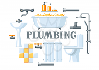 Bathroom interior. Plumbing background. Illustration for sanitary engineering shop. Sale, service and installation.