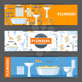 Bathroom interior. Plumbing banners. Illustration for sanitary engineering shop. Sale, service and installation.