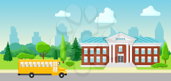 Illustration of school building and bus. City landscape with houses, trees and clouds.