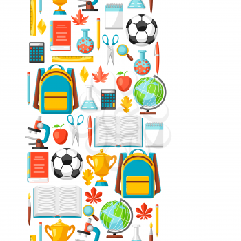 School seamless pattern with education items. Colorful supplies and stationery background.