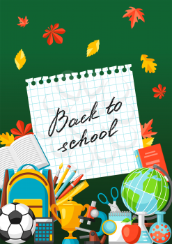 Back to school background with education items. Illustration of colorful supplies and stationery.