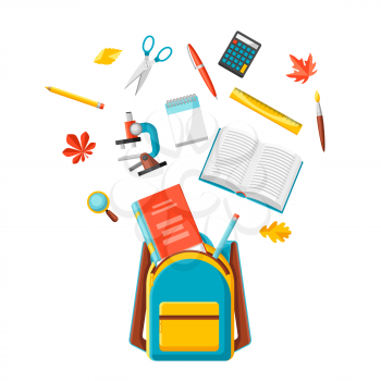 School backpack with education items. Illustration of colorful supplies and stationery.