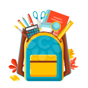 School backpack with education items. Illustration of colorful supplies and stationery.