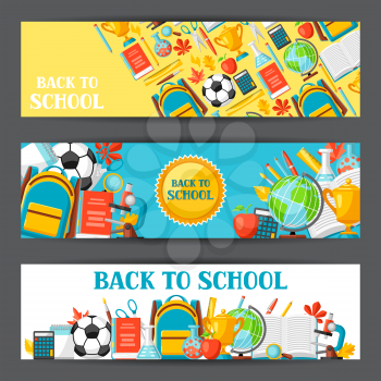 Back to school banners with education items. Illustration of colorful supplies and stationery.