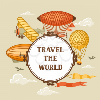 Travel background with retro air transport. Vintage aerostat airship, blimp and plain in cloudy sky.